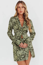 Caledonia Collared Button-Up Satin Shirt Floral Olive