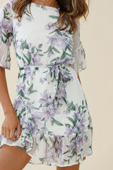 Azealia Ruffle Hem Dress Flower Print White