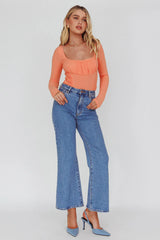 Bobbi Long Sleeve Ruched Side Ribbed Bodysuit Orange