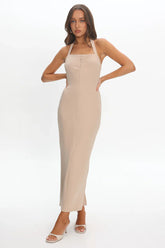 Goldfoil Halter Neck Maxi Dress Ecru