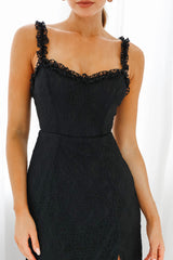 Isadora Mesh Overlay Frill Trim Neckline Midi Dress Black