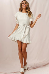 Taya Ruffle Shoulder Waist Tie Dress Beige