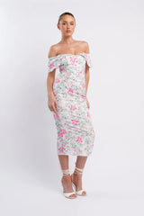 Lillianne Off-Shoulder Midi Dress Floral Pink