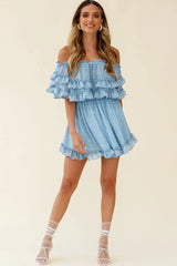 Meet Me At Sunset Bardot Neckline Frill Trim Dress Speckle Print Blue
