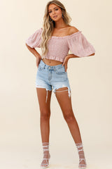 Meet Cute Shirred Bust Off-Shoulder Crop Top Speckle Print Pink