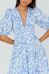 Summer Land V-Neckline Midi Dress Floral Blue