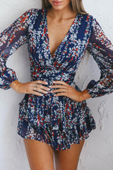 Maddox Fit & Flare Long Sleeve Romper Floral Vine Navy