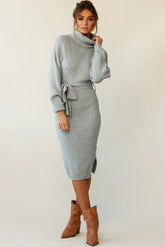 Marco Long Sleeve Turtleneck Knit Midi Dress Grey
