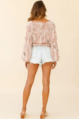 Beau Balloon Sleeve Drawstring Top Ornate Print Pink
