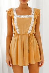 Meet Again Crochet Lace Trim Tie-Up Back Romper Mustard