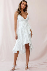 Blessed Wrap Ruffle Hem Midi Dress Dot Print White