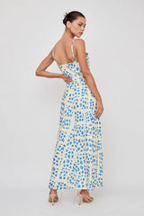 Anja Frill Trim Maxi Dress Print Cream Blue
