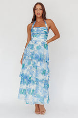Seascape Halterneck Layered Maxi Dress Floral Blue
