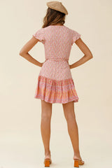 Mayan Angel Sleeve Waist Tie Wrap Dress Floral Print Beige/Pink