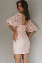 Good Vibes Puff Sleeve Deep V-Neckline Lace Mini Dress Blush
