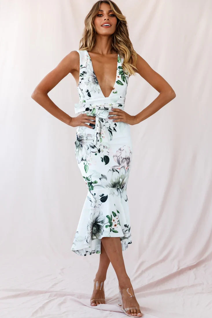 Sorry Not Sorry Wide Strap Flounce Floral Dress White