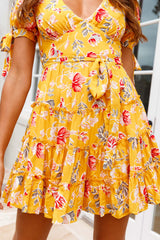 Jocelyn Short Sleeve Tied Cuff Layered Ruffle Dress Floral Print Mustard