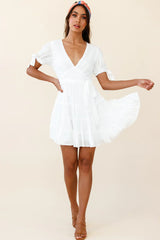 Jocelyn Short Sleeve Tied Cuff Layered Ruffle Dress White