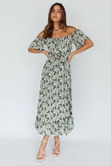Voyager Off-Shoulder Bell Sleeve Midi Dress Floral Green