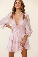 Laney Cutout Back Ruffle Trim Dress Leaves Print Pink