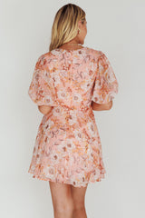 Madison Bow Tie Bust Puff Sleeve Dress Flowers Orange