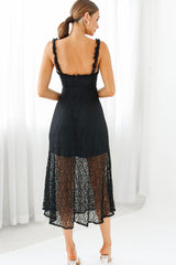 Isadora Mesh Overlay Frill Trim Neckline Midi Dress Black