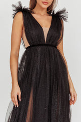 Ludivine Shoulder Accent Mesh Midi Dress Glitter Black
