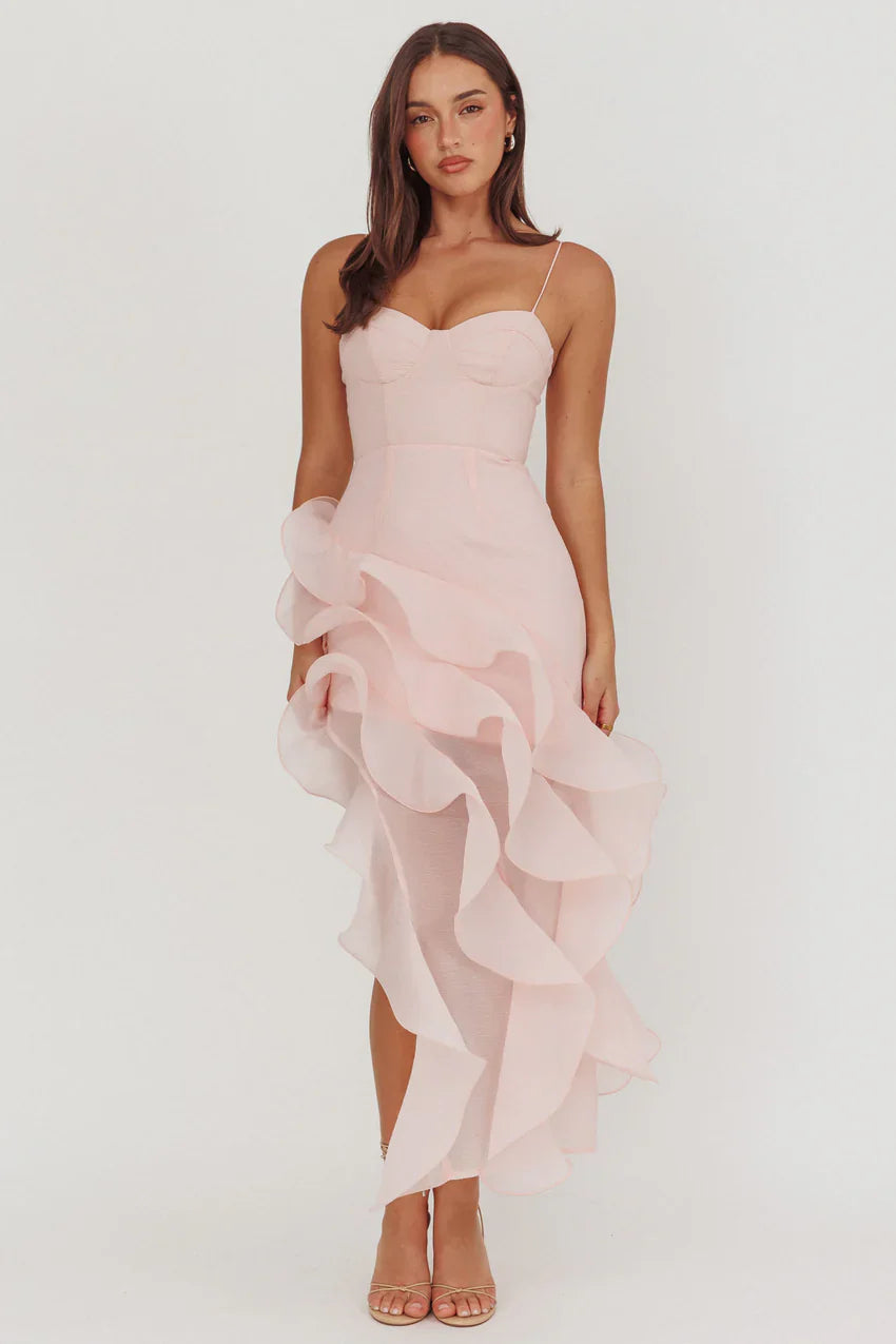 Charmayne Asymmetric Ruffle Trim Maxi Dress Pink