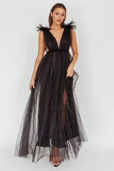 Ludivine Shoulder Accent Mesh Midi Dress Glitter Black