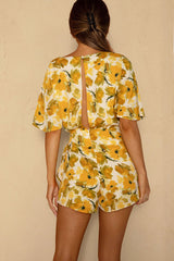 Nadi V-Neckline Wrap Romper Flower Paint Print Yellow