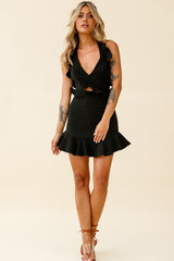 Always Late Cut-Out Waist Ruffle Halterneck Dress Black