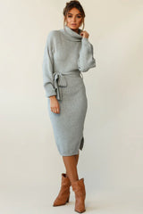 Marco Long Sleeve Turtleneck Knit Midi Dress Grey