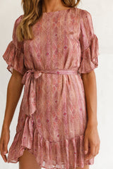 Azealia Ruffle Hem Dress Diamond Print Wine